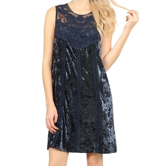 Entro Women's SZ M Velvet Crochet Lace Shift Mini Dress Sapphire Blue Sleeveless - Picture 10 of 10